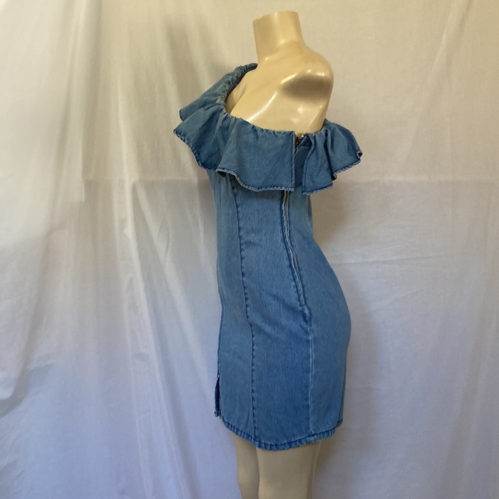 BG Girls Junior Blue Denim Dress Size S Ruffle Top One Shoulder Side Zipper NWOT